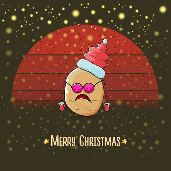 Vector funky comic cartoon cute smiling Santa Claus potato with red Santa hat and cartoon merry Christmas text isolated on vintage red background with sun. Childrens Christmas card with funny Santa — Stock Vector