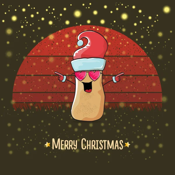 Vector funky comic cartoon cute smiling Santa Claus potato with red Santa hat and cartoon merry Christmas text isolated on vintage red background with sun. Childrens Christmas card with funny Santa — Stock Vector
