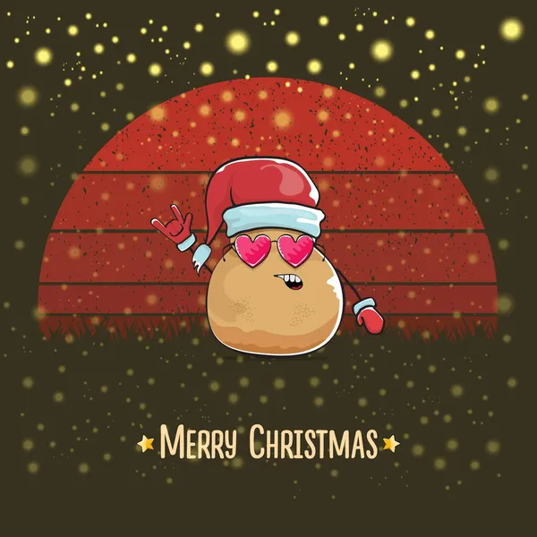 Vektor funky comic cartoon niedlich lächelnde Weihnachtsmann Kartoffel mit roter Weihnachtsmütze und Cartoon frohe Weihnachten Text isoliert auf Vintage-rotem Hintergrund mit Sonne. Kinder Weihnachtskarte mit lustigem Weihnachtsmann — Stockvektor