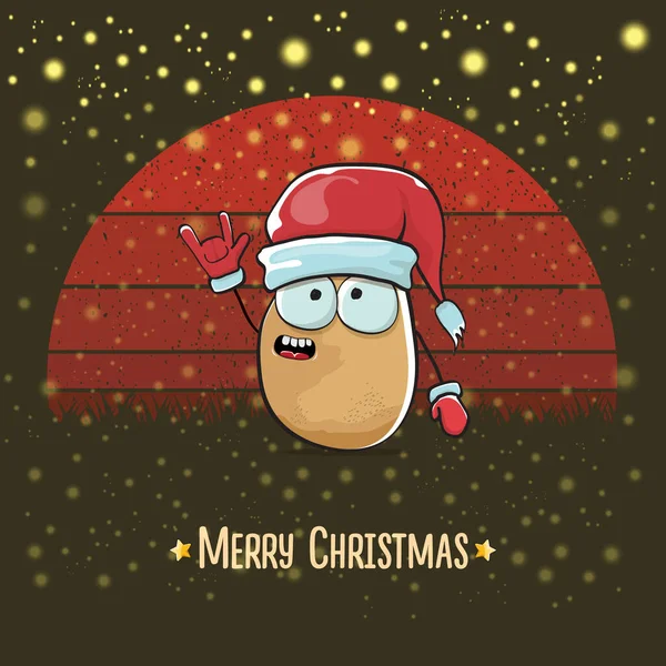 Vector funky historieta caricatura linda sonriente Papá Noel papa con sombrero de Santa rojo y dibujos animados feliz texto de Navidad aislado sobre fondo rojo vintage con sol. Tarjeta de Navidad para niños con Santa divertido — Archivo Imágenes Vectoriales