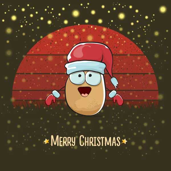 Vector funky historieta caricatura linda sonriente Papá Noel papa con sombrero de Santa rojo y dibujos animados feliz texto de Navidad aislado sobre fondo rojo vintage con sol. Tarjeta de Navidad para niños con Santa divertido — Archivo Imágenes Vectoriales