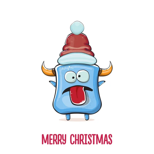 Vector cartoon funky blue monster with Santa Claus red hat isolated on white background. Childrens Merry Christmas greeting card with funny monster Santa Claus. — Stock Vector