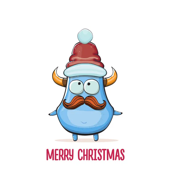 Vector cartoon funky blue monster with Santa Claus red hat isolated on white background. Childrens Merry Christmas greeting card with funny monster Santa Claus. — Stock Vector