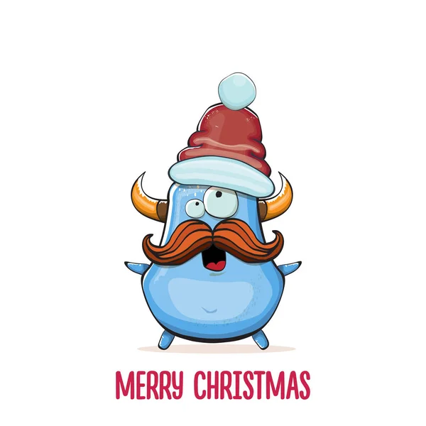 Vector de dibujos animados monstruo azul funky con Santa Claus sombrero rojo aislado sobre fondo blanco. Tarjeta de felicitación de feliz Navidad para niños con divertido monstruo Santa Claus. — Vector de stock