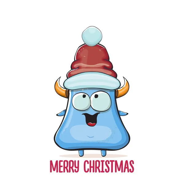 Vector de dibujos animados monstruo azul funky con Santa Claus sombrero rojo aislado sobre fondo blanco. Tarjeta de felicitación de feliz Navidad para niños con divertido monstruo Santa Claus. — Archivo Imágenes Vectoriales