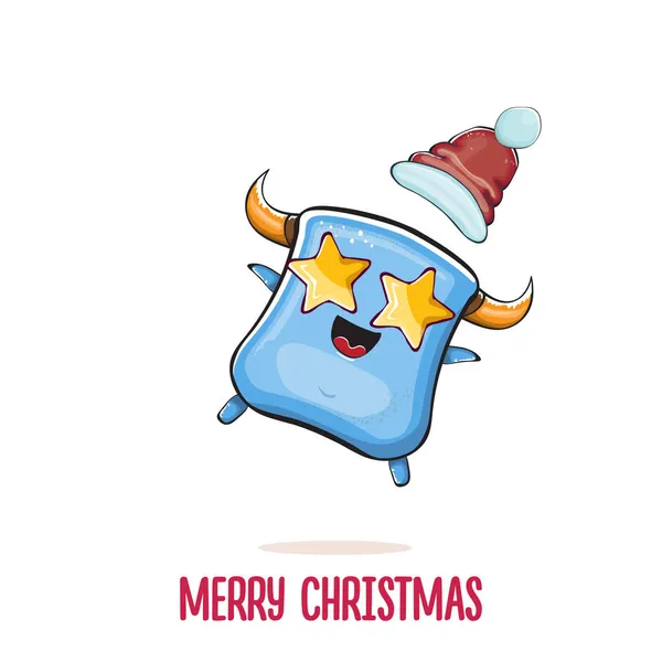 Vector de dibujos animados monstruo azul funky con Santa Claus sombrero rojo aislado sobre fondo blanco. Tarjeta de felicitación de feliz Navidad para niños con divertido monstruo Santa Claus. — Vector de stock