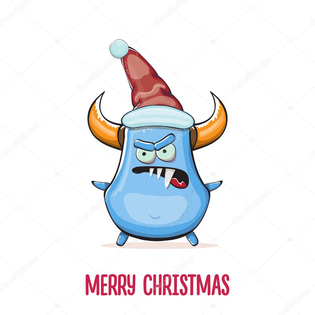 Vector cartoon funky blue monster with Santa Claus red hat isolated on white background. Childrens Merry Christmas greeting card with funny monster Santa Claus