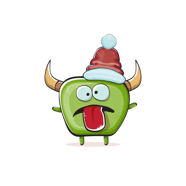 Vector cartoon funky groen monster met Santa Claus rode hoed geïsoleerd op witte achtergrond. Kinderen Merry Christmas wenskaart met grappige monster elf Kerstman. — Stockvector