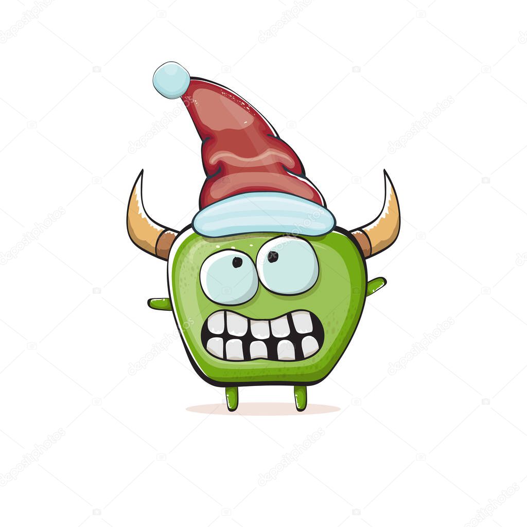 Vector cartoon funky green monster with Santa Claus red hat isolated on white background. Childrens Merry Christmas greeting card with funny monster Santa Claus
