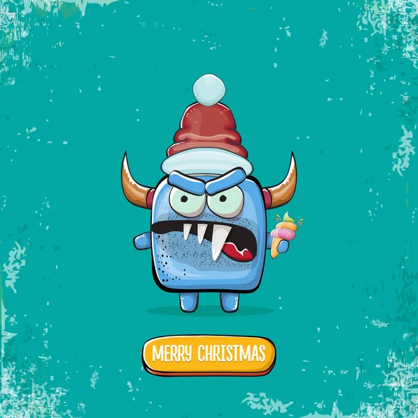 Dibujos animados vectorial monstruo azul funky con Santa Claus sombrero rojo celebración de helado aislado sobre fondo turquesa. Tarjeta de felicitación de feliz Navidad para niños con divertido monstruo elfo Santa Claus. — Vector de stock