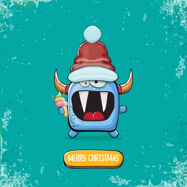 Dibujos animados vectorial monstruo azul funky con Santa Claus sombrero rojo celebración de helado aislado sobre fondo turquesa. Tarjeta de felicitación de feliz Navidad para niños con divertido monstruo elfo Santa Claus. — Vector de stock