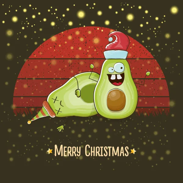 Merry chirstmas vector funky greeting card with santa claus avocado character, and his crazy friend locked on vintold red background with sun. 《 데일리 텔레 그래프 》. 재밌는 크리스마스 파티 포스터 디자인 — 스톡 벡터