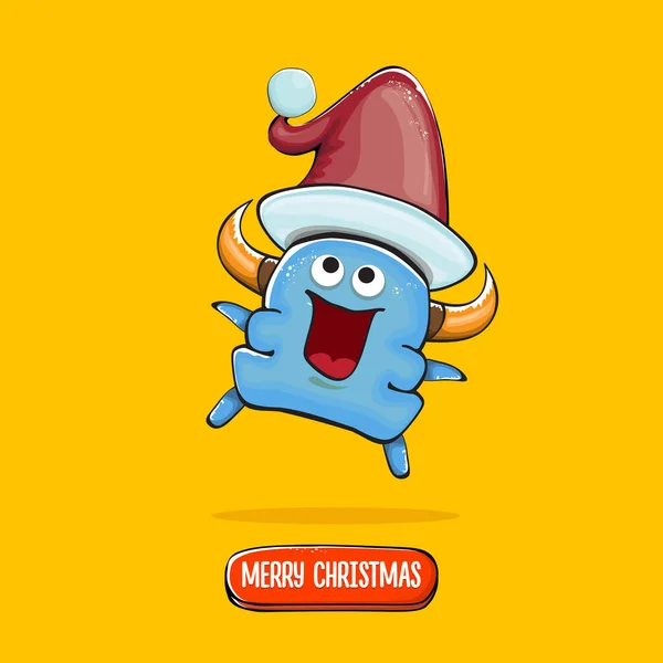 Vector dessin animé monstre bleu funky avec chapeau rouge Père Noël isolé sur fond orange. Enfants Joyeux Noël carte de voeux avec monstre drôle elfe Père Noël. — Image vectorielle