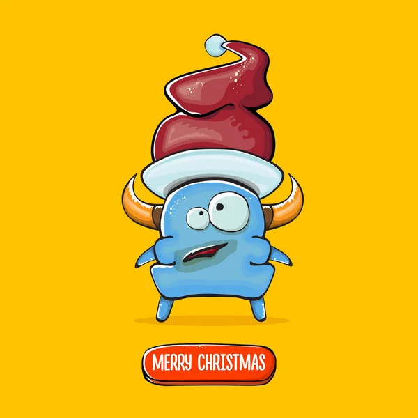 Vector de dibujos animados monstruo azul funky con Santa Claus sombrero rojo aislado sobre fondo naranja. Tarjeta de felicitación de feliz Navidad para niños con divertido monstruo elfo Santa Claus. — Vector de stock
