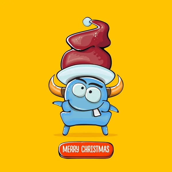 Vector de dibujos animados monstruo azul funky con Santa Claus sombrero rojo aislado sobre fondo naranja. Tarjeta de felicitación de feliz Navidad para niños con divertido monstruo elfo Santa Claus. — Vector de stock
