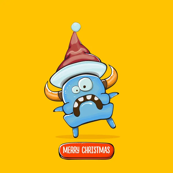 Vector de dibujos animados monstruo azul funky con Santa Claus sombrero rojo aislado sobre fondo naranja. Tarjeta de felicitación de feliz Navidad para niños con divertido monstruo elfo Santa Claus. — Vector de stock