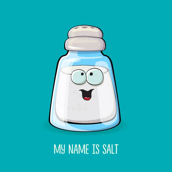 Симпатичный карикатурный соляной шейкер с улыбающимися лицами на бирюзовом фоне. Соляной персонаж Фанки Кавайи. Меня зовут Иллюстрация концепции соли для печати на ти — стоковый вектор