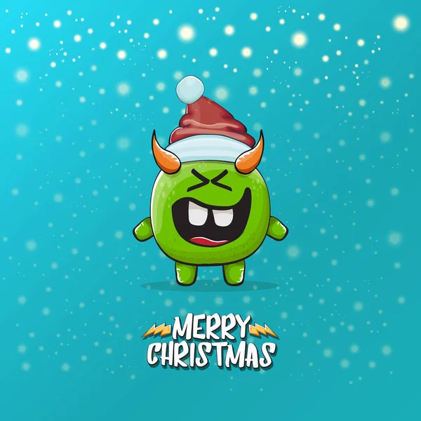 Vector cartoon funky green monster with Santa Claus red hat isolated on turquoise background with snowflakes. Childrens Merry Christmas greeting card with funny monster elf Santa Claus. — Stock Vector