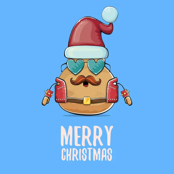 Vector rock star Papai Noel potato engraçado desenho animado bonito personagem com chapéu de Papai Noel vermelho e caligrafia alegre texto de Natal isolado no fundo azul. Cartão ou cartaz da festa de Natal — Vetor de Stock