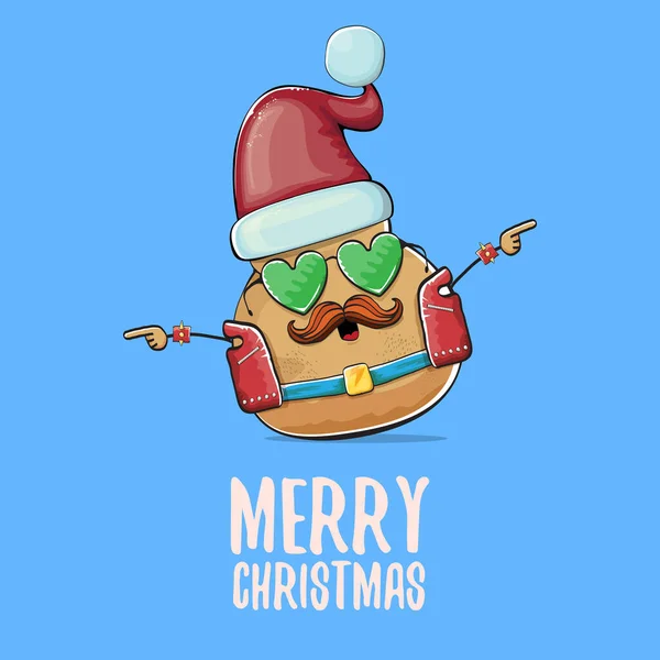 Vektor Rockstar Santa Potato lustige Cartoon niedliche Figur mit rotem Weihnachtsmütze und kalligrafische frohe Weihnachten Text isoliert auf blauem Hintergrund. Weihnachtsfeier Poster oder Karte — Stockvektor