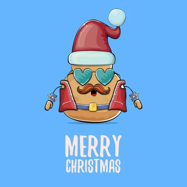 Vector rock star Santa potato funny cartoon cute character with red Santa hat and calligraphic merry Christmas text isolated on blue background. Christmas party poster or card — Stock Vector