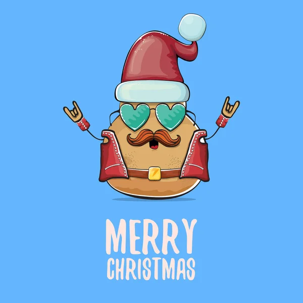 Vector rock star Santa potato funny cartoon cute character with red Santa hat and calligraphic merry Christmas text isolated on blue background. Christmas party poster or card — Stock Vector