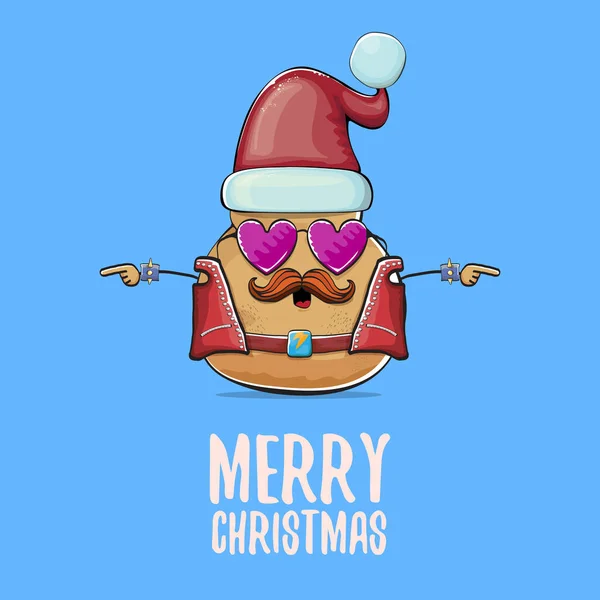 Vector estrella de rock Santa patata divertido personaje lindo de dibujos animados con sombrero de Santa rojo y caligrafía alegre texto de Navidad aislado sobre fondo azul. Cartel o tarjeta de fiesta de Navidad — Archivo Imágenes Vectoriales