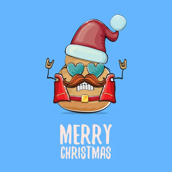 Векторная рок-звезда Санта-картофель смешной мультяшный персонаж в красной шляпе Санты и каллиграфический весёлый рождественский текст изолирован на синем фоне. Рождественский постер или открытка — стоковый вектор
