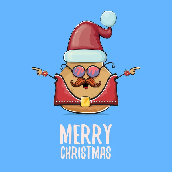 Vector estrella de rock Santa patata divertido personaje lindo de dibujos animados con sombrero de Santa rojo y caligrafía alegre texto de Navidad aislado sobre fondo azul. Cartel o tarjeta de fiesta de Navidad — Archivo Imágenes Vectoriales