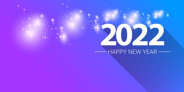 2022 Mutlu Yeni Yıl yaratıcı tasarım yatay afiş arkaplanı ve mesajlı tebrik kartı. 2022 yeni yıl sayıları modern ultraviyole arka planda izole edilmiş parıltı ve ışıklarla