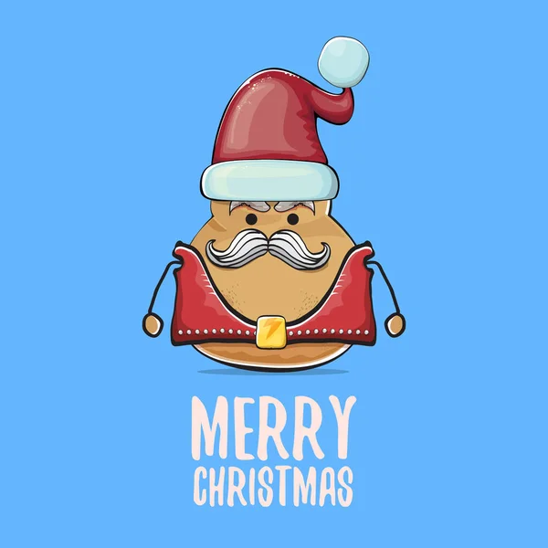 Vector rock star Papai Noel potato engraçado desenho animado bonito personagem com chapéu de Papai Noel vermelho e caligrafia alegre texto de Natal isolado no fundo azul. Cartão ou cartaz da festa de Natal — Vetor de Stock