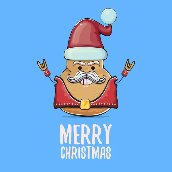 Vector rock star Santa potato funny cartoon cute character with red Santa hat and calligraphic merry Christmas text isolated on blue background. Christmas party poster or card — Stock Vector