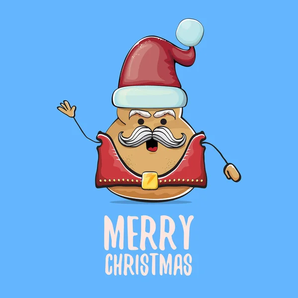 Vector rock star Santa potato funny cartoon cute character with red Santa hat and calligraphic merry Christmas text isolated on blue background. Christmas party poster or card — Stock Vector