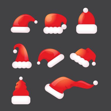Vektör karikatür 3d Noel Baba kırmızı şapka simgeleri gri arka planda izole edildi. Mutlu noel baba şapka sembolü koleksiyonu. Vektör Mutlu Noeller dekorasyon elementleri