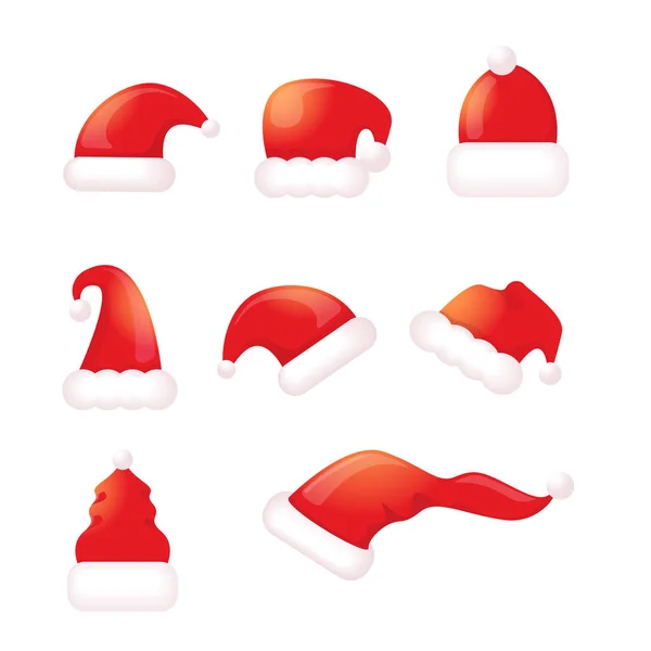 Vektor Cartoon 3D Weihnachten Weihnachtsmann roten Hut Symbole auf weißem Hintergrund isoliert gesetzt. Frohe Weihnachten Weihnachtsmannhut-Kollektion. Vektor Frohe Weihnachten Dekorationselemente — Stockvektor
