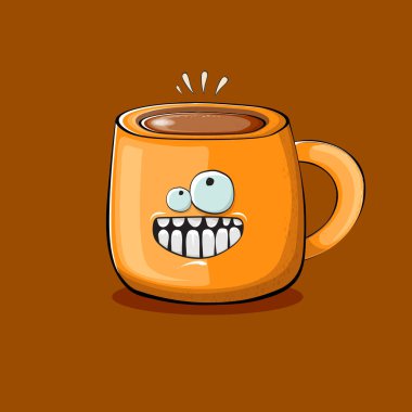 Kahverengi arka planda izole edilmiş gülen yüzlü vektör çizgi film karakteri. Funky Kawaii portakallı kahve kupası karakteri. Günaydın konsept resimleme ve komik kahve.