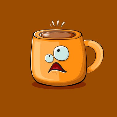 Kahverengi arka planda izole edilmiş gülen yüzlü vektör çizgi film karakteri. Funky Kawaii portakallı kahve kupası karakteri. Günaydın konsept resimleme ve komik kahve.
