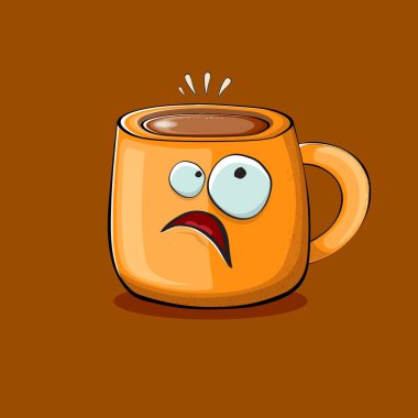 Kahverengi arka planda izole edilmiş gülen yüzlü vektör çizgi film karakteri. Funky Kawaii portakallı kahve kupası karakteri. Günaydın konsept resimleme ve komik kahve.