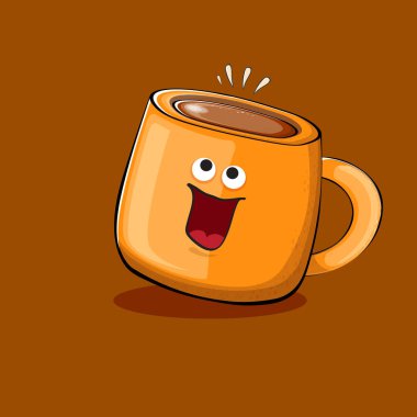 Kahverengi arka planda izole edilmiş gülen yüzlü vektör çizgi film karakteri. Funky Kawaii portakallı kahve kupası karakteri. Günaydın konsept resimleme ve komik kahve.