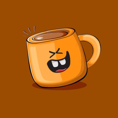 Kahverengi arka planda izole edilmiş gülen yüzlü vektör çizgi film karakteri. Funky Kawaii portakallı kahve kupası karakteri. Günaydın konsept resimleme ve komik kahve.