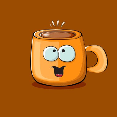 Kahverengi arka planda izole edilmiş gülen yüzlü vektör çizgi film karakteri. Funky Kawaii portakallı kahve kupası karakteri. Günaydın konsept resimleme ve komik kahve.