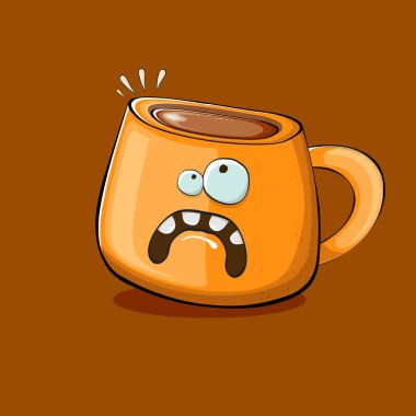 Kahverengi arka planda izole edilmiş gülen yüzlü vektör çizgi film karakteri. Funky Kawaii portakallı kahve kupası karakteri. Günaydın konsept resimleme ve komik kahve.