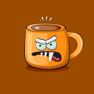 Kahverengi arka planda izole edilmiş gülen yüzlü vektör çizgi film karakteri. Funky Kawaii portakallı kahve kupası karakteri. Günaydın konsept resimleme ve komik kahve.