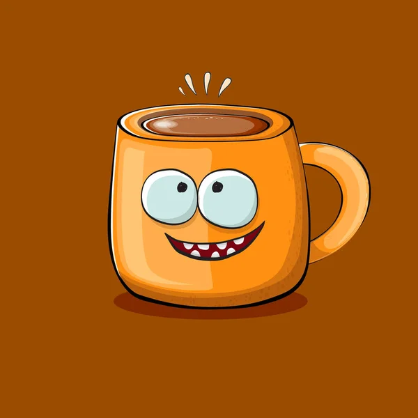 Vector cartoon koffiekop karakter met glimlachende gezichten geïsoleerd op bruine achtergrond. Funky Kawaii oranje koffiemok karakter. Goede morgen concept illustratie met grappige koffie — Stockvector