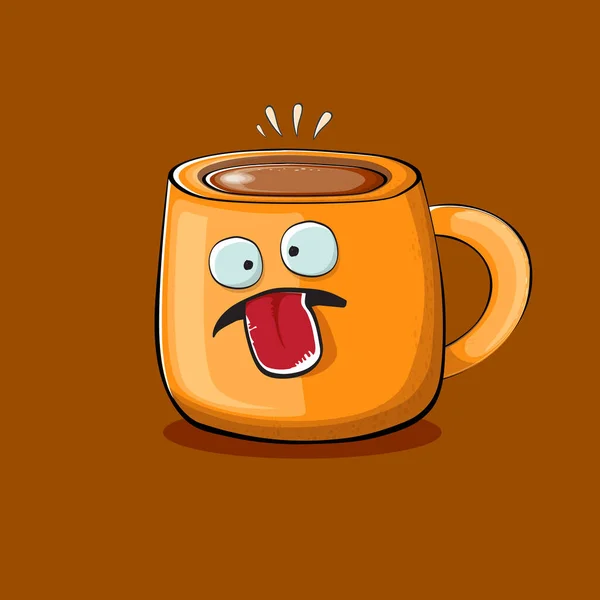 stock vector Vector cartoon coffee cup character with smiling faces isolated on brown background. Funky Kawaii orange coffee mug character. Good morning concept illustration with funny coffee