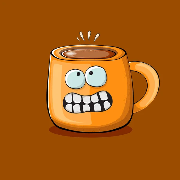 Personaje de la taza de café de dibujos animados vectorial con caras sonrientes aisladas sobre fondo marrón. Funky Kawaii personaje taza de café naranja. Buen concepto de la mañana ilustración con café divertido — Vector de stock