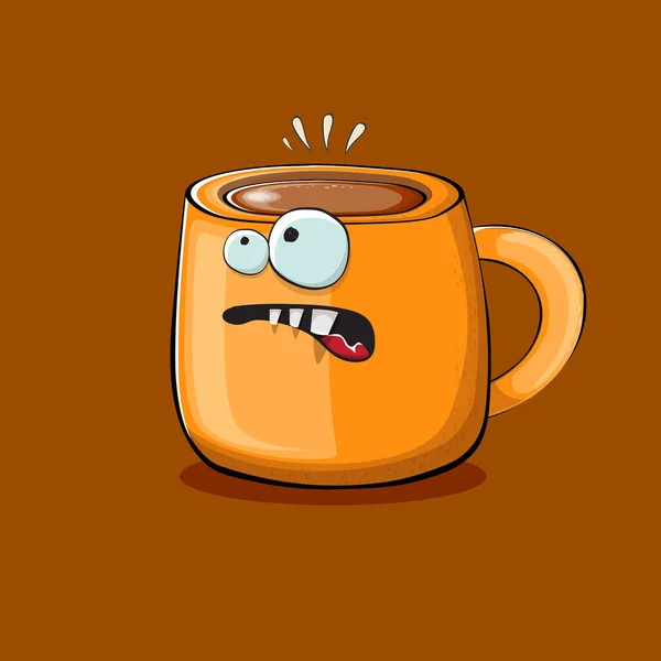 Personagem copo de café desenho animado vetorial com rostos sorridentes isolados em fundo marrom. Funky Kawaii laranja personagem caneca de café. Bom dia ilustração conceito com café engraçado — Vetor de Stock