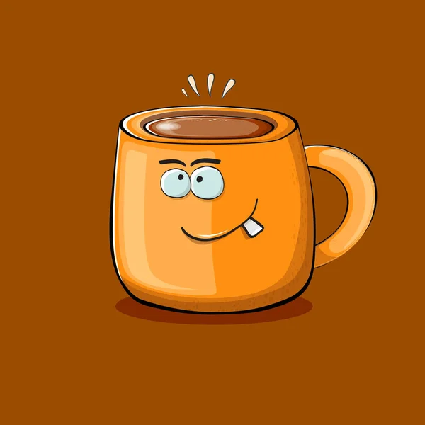 Векторный карикатурный персонаж с улыбающимися лицами на коричневом фоне. Персонаж оранжевой кофейной кружки Кавайи. Доброе утро с веселым кофе — стоковый вектор
