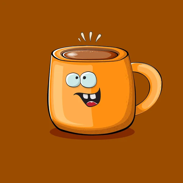 Vector cartoon coffee cup character with smiling faces isolated on brown background. Funky Kawaii orange coffee mug character. Good morning concept illustration with funny coffee — Stock Vector