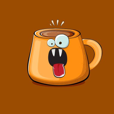 Kahverengi arka planda izole edilmiş gülen yüzlü vektör çizgi film karakteri. Funky Kawaii portakallı kahve kupası karakteri. Günaydın konsept resimleme ve komik kahve.